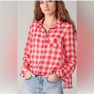 Free People Red Gingham Plaid Semi Sheer Flowy Button Front Shirt Size XS Airy